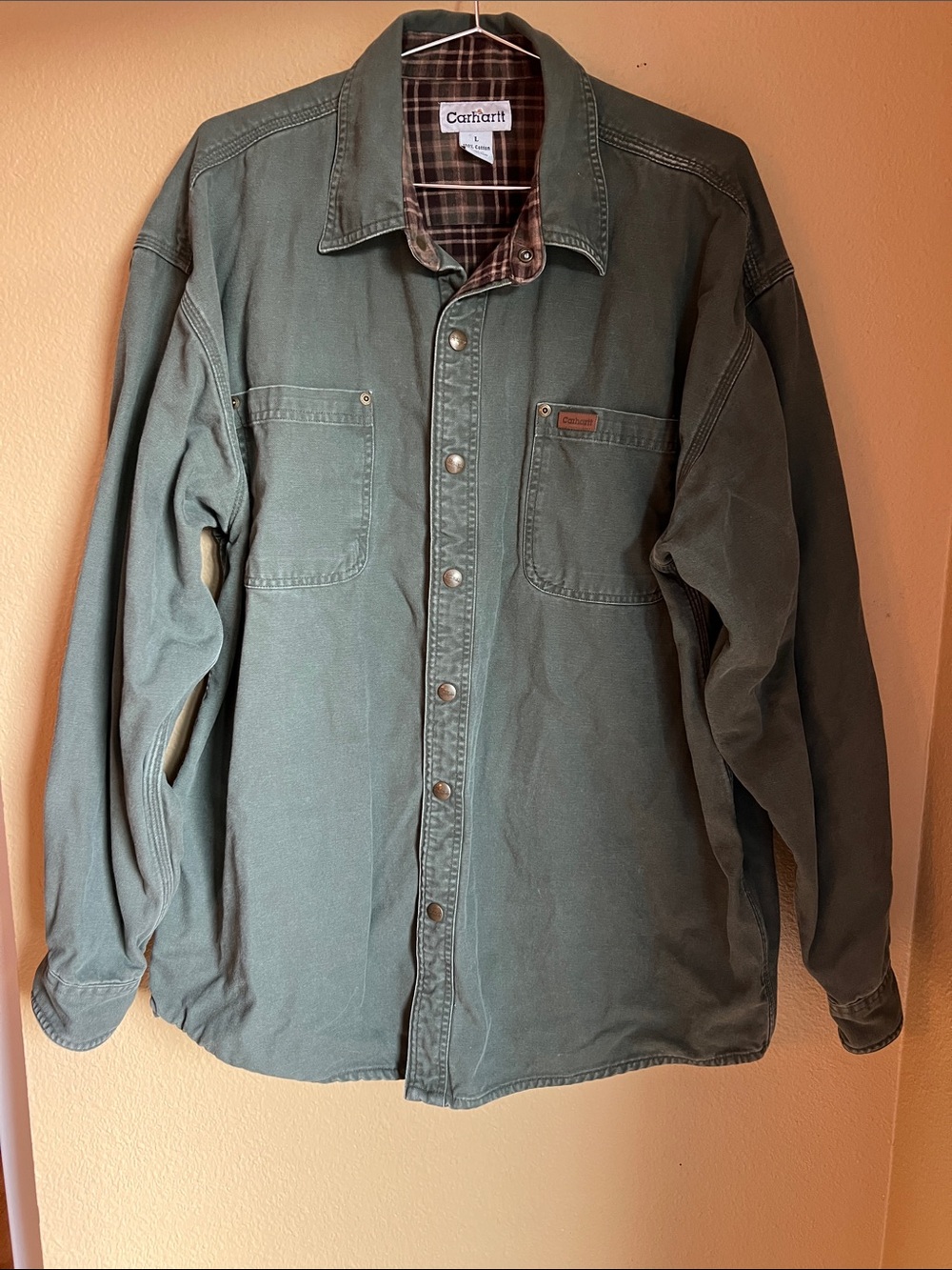 Carhartt Flannel Lined Canvas Work Jacket L Heavy Duty Green Snap-up